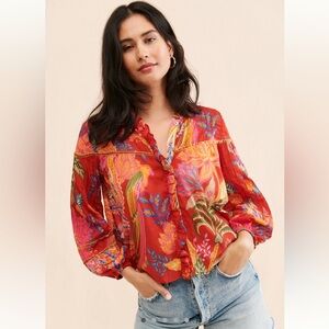 Medium FARM Rio Anthropologie mystic bush buttoned long sleeve top red print